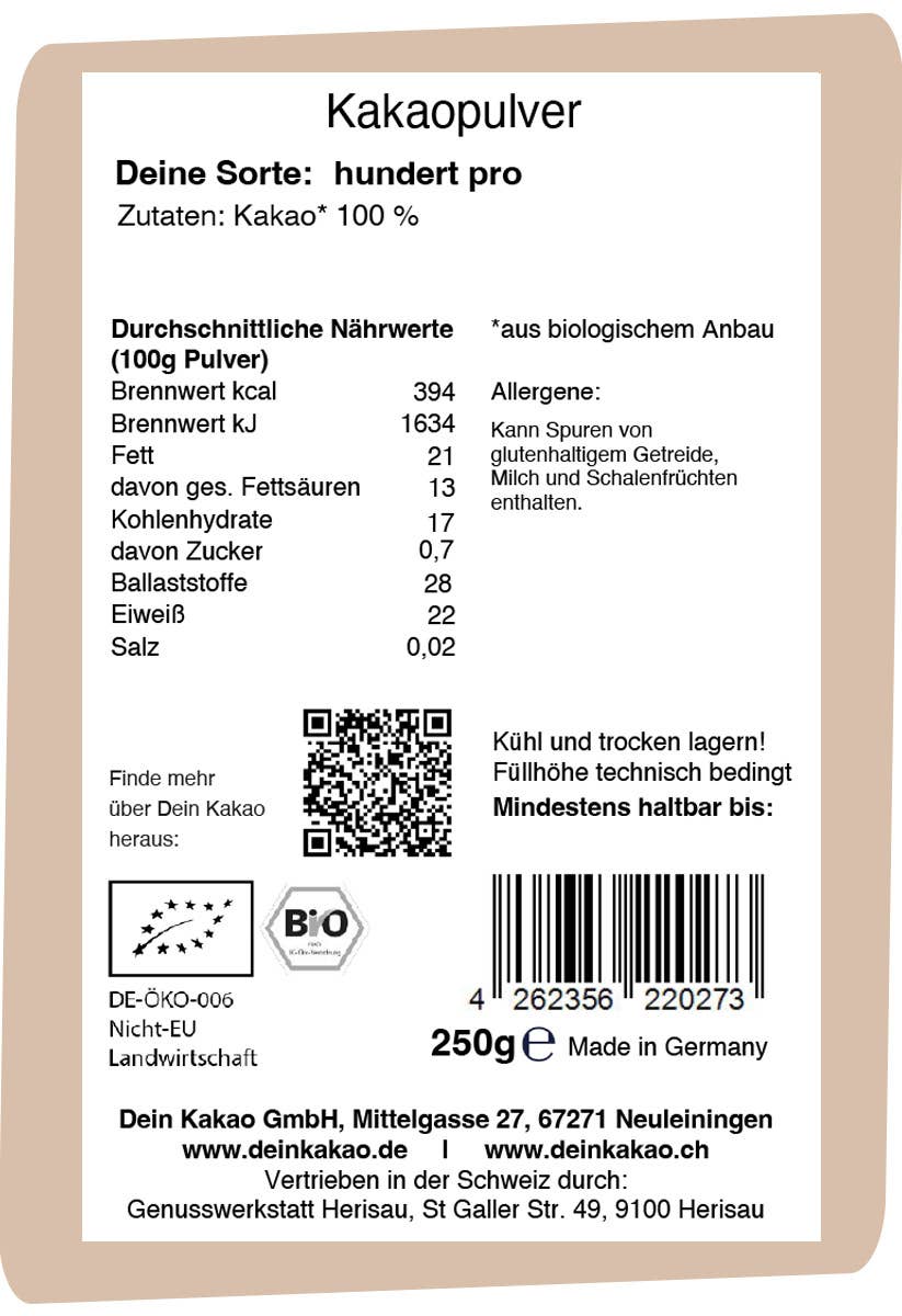 Hundert pro Dein Kakao Bio-Kakaopulver | vegan | zuckerfrei