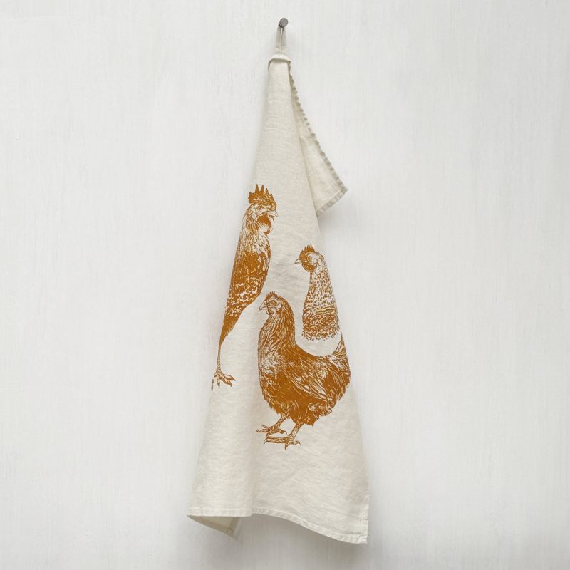 Frohstoff Geschirrtuch Leinen pine - honiggelbes Hühnertrio