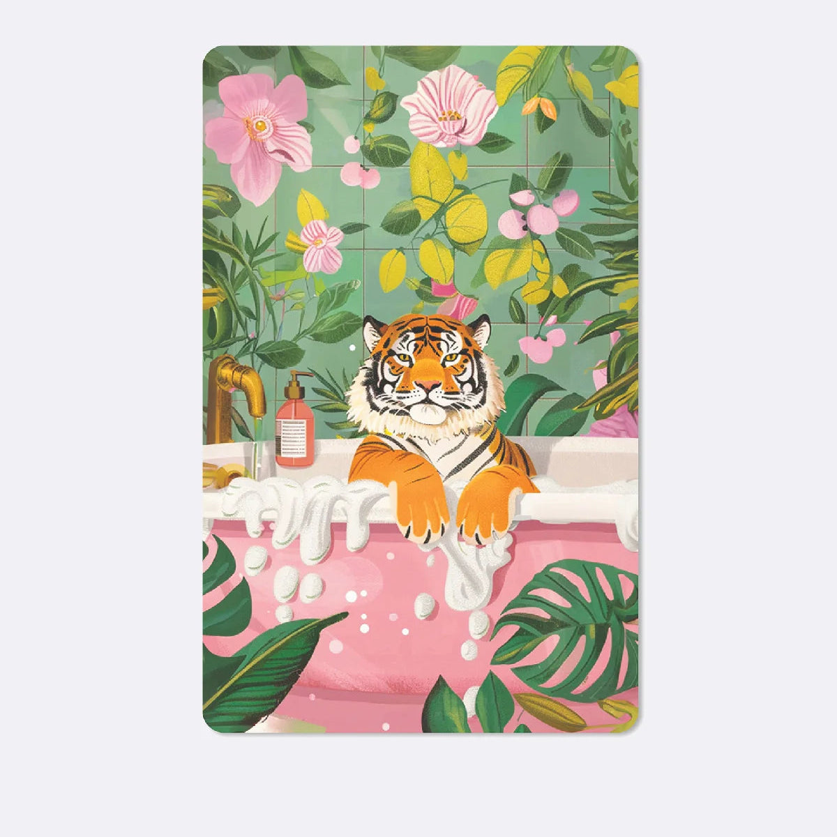 Postkarte - Tiger in einer Badewanne, floraler Hintergrund