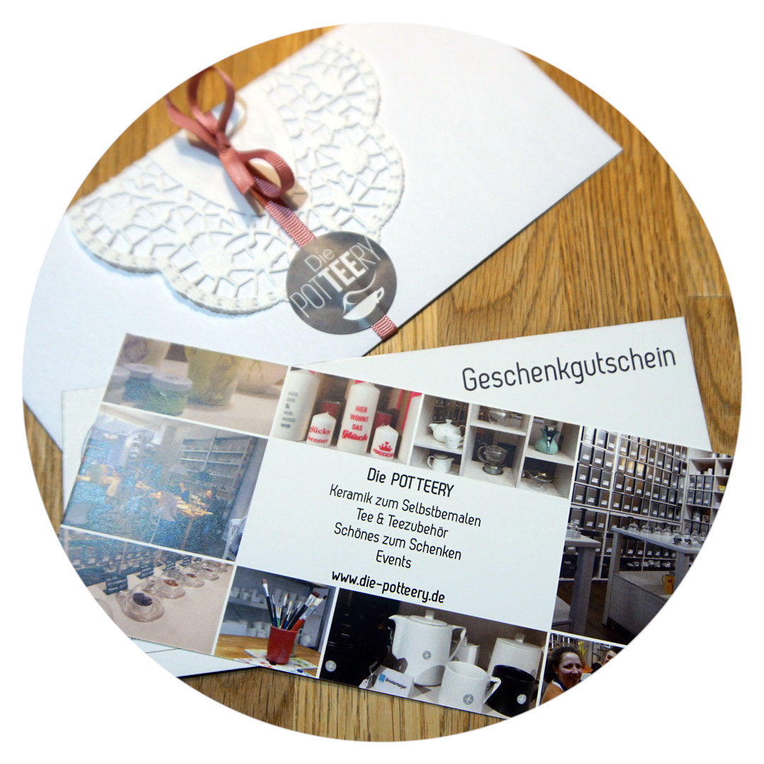 Geschenkgutschein "Die POTTEERY" - Teeliesel 10,00€, 15,00€, 20,00€, 25,00€, 30,00€, 40,00€, 50,00€, 100,00€