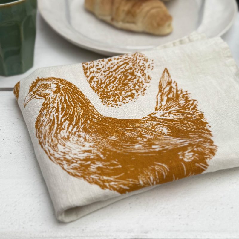 Frohstoff Geschirrtuch Leinen pine - honiggelbes Hühnertrio