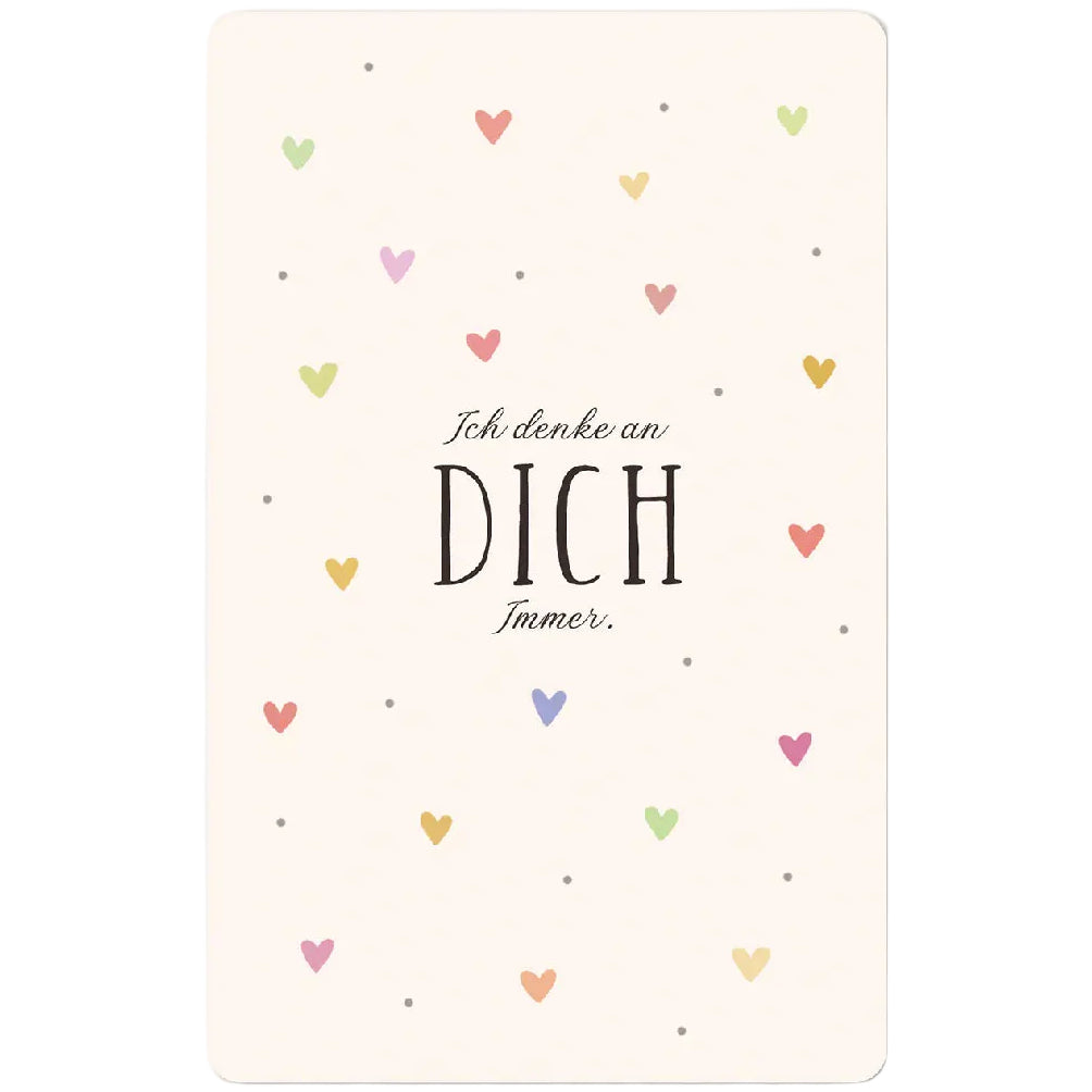 Minipostkarte mit vielen kleinen, bunten  Herzen und Spruch "Ich denke an Dich - Immer"